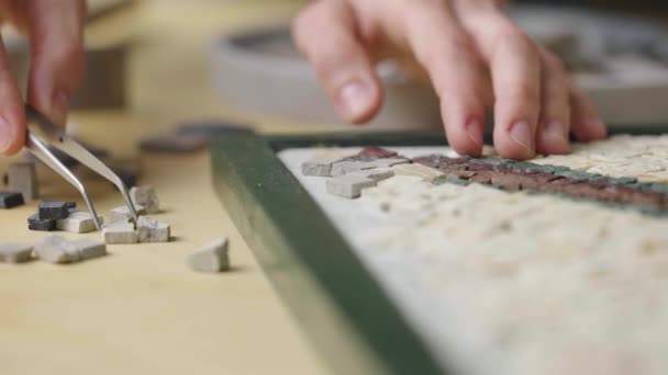 Mannelijke handen maken mozaïeken patroon met behulp van pincet en kleine stukjes graniet steen. Master handwerk maken in creatieve werkplaats. Interessante hobby, kunst, kunst. Sluit maar af. Slow motion klaar 59,94fps — Stockvideo