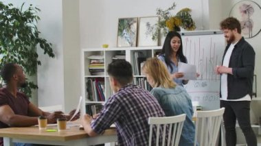 Ciddi kadın yöneticiler ve çeşitli ekip çalışanları evrak işlerini analiz eder. Toplantı masasında toplanırlar. Takım çalışmasında çok ırklı takımlar başlangıç projesini tartışır. Yavaş çekim.