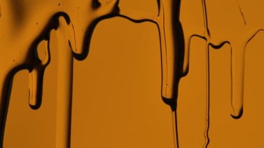 Yoğun bal oluşum çizgileri ve yumuşak ışıkla kahverengi bir stüdyonun arka planına doğru akan bir akıntı. Doğal altın balı cama döküyor, bal ipliklerini yavaş çekimde yüzeye döküyor. Kapat..