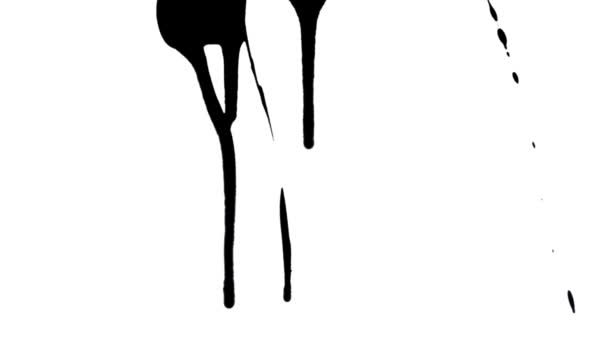 Geïsoleerde artistieke zwarte verf spatten, druppels verspreiden. Zwarte verf morsen op witte achtergrond. Aquarelbloeding, bloei, druppels. Sluit maar af. Slow motion klaar 59,94fps. — Stockvideo