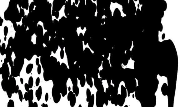 Drops of black paint dripping on white background. Spilled ink effect creates an abstract pattern of splashing and blobs. Droplets of black watercolor paint. Close up. Slow motion ready 59.94fps. — Stock Video