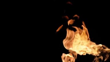 Karanlıkta alev alev yanan alevler. Gerçek bir şenlik ateşi, siyah arka planda yanıp sönen bir meşale. Yüksek hızlı alev makinesi alevle patlar ve büyük bir güçle yanar. Kapatın. Yavaş çekim.