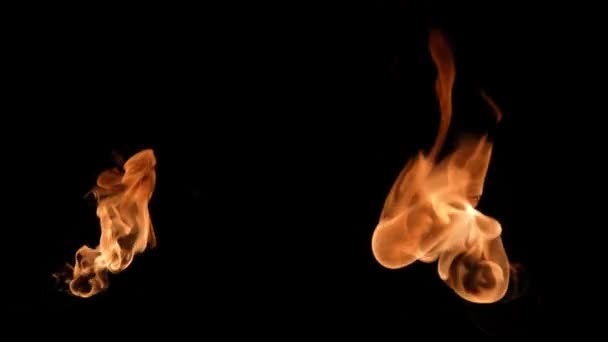 Two flames of fire blaze from different sides of screen in dark. Real bonfire, burner or torch flashes against black background. High speed flamethrower explodes with flame. Close up. Slow motion. — Stock Video