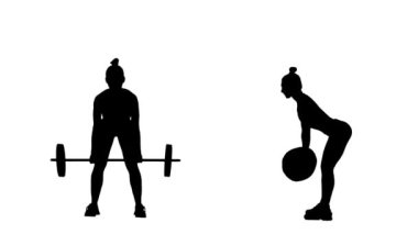 Genç bir kadının siyah silueti halterle eğilim gösteriyor. Dayanıklılık eğitimi, kadın fitness. 1 'de 2 Kolaj Önü ve beyaz arkaplanda tam boy yan görünüm. Yavaş çekim hazır 59.94fps