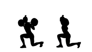 Spor giyimli siyah bir kadın silueti hamleler yapıyor ve halter çömeliyor. Antrenman, kadın fitness. 1 'de 2 Kolaj Önü ve beyaz arkaplanda tam boy yan görünüm. Yavaş çekim hazır 59.94fps.