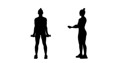 Genç bayanın siyah silueti halterlerle egzersiz yapıyor. El egzersizi, kadınlar için spor. 1 'de 2 Kolaj Önü ve beyaz arkaplanda tam boy yan görünüm. Yavaş çekim hazır 59.94fps.