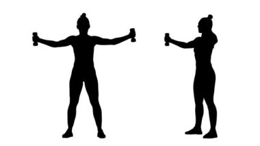 Genç bayanın siyah silueti halterlerle egzersiz yapıyor. El egzersizi, kadınlar için spor. 1 'de 2 Kolaj Önü ve beyaz arkaplanda tam boy yan görünüm. Yavaş çekim hazır 59.94fps.