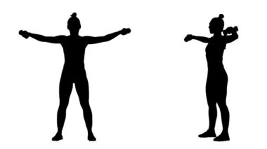 Genç bayanın siyah silueti halterlerle egzersiz yapıyor. El egzersizi, kadınlar için spor. 1 'de 2 Kolaj Önü ve beyaz arkaplanda tam boy yan görünüm. Yavaş çekim hazır 59.94fps.