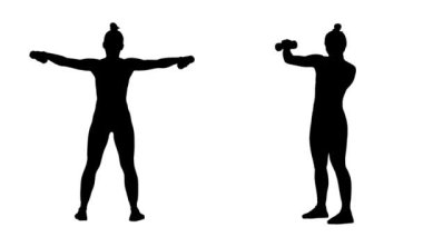 Genç bayanın siyah silueti halterlerle egzersiz yapıyor. El egzersizi, kadınlar için spor. 1 'de 2 Kolaj Önü ve beyaz arkaplanda tam boy yan görünüm. Yavaş çekim hazır 59.94fps.