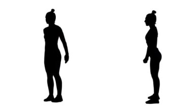 Çömelme ve hamleler yapan genç bir kadının siyah silueti. Kalçalar için egzersiz, kadınlar için fitness. 1 'de 2 Kolaj Önü ve beyaz arkaplanda tam boy yan görünüm. Yavaş çekim hazır 59.94fps.