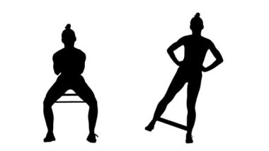 Spor kıyafetli genç bir kadının silueti spor lastiğiyle egzersiz yapıyor. Bacak egzersizi, kadınlar için spor. Beyaz arka planda 2 / 1 Kolaj tam boy. Yavaş çekim hazır 59.94fps.