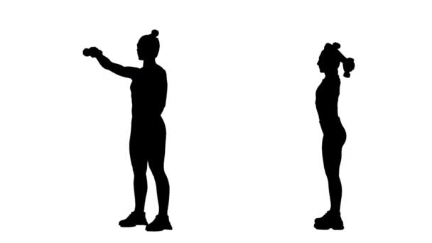 Schwarze Silhouette einer jungen Frau macht Übungen mit Kurzhanteln. Handtraining, Fitness für Frauen. 2 in 1 Collage Vorder- und Seitenansicht in voller Länge auf weißem Hintergrund. Zeitlupe bereit 59.94fps.