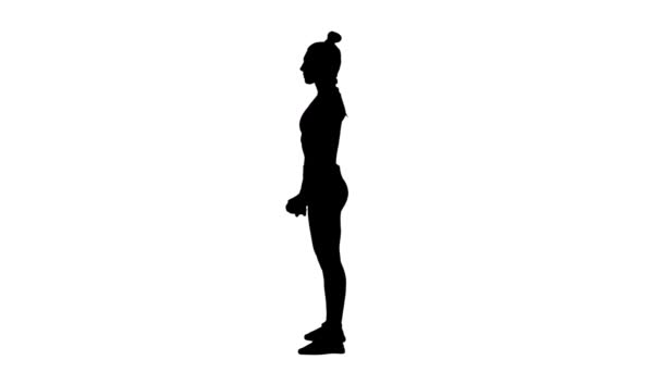 Schwarze Silhouette einer jungen Frau in Sportbekleidung macht Übungen, hockt mit der Stange. Training für Beine und Arme, Fitness für Frauen. Seitenansicht in voller Länge auf weißem Hintergrund. Zeitlupe bereit 59.94fps. — Stockvideo