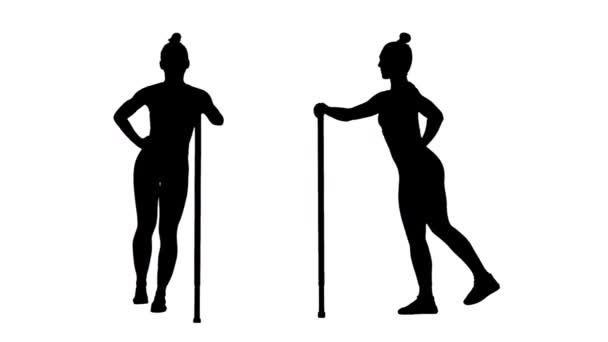 Czarna sylwetka młodej kobiety w odzieży sportowej wykonuje ćwiczenia, huśtawka nóg z barem. Nadaje się dla kobiet. 2 w 1 Kolaż Front i widok z boku pełnej długości na białym tle. Gotowy do zwolnień 59.94fps. — Wideo stockowe