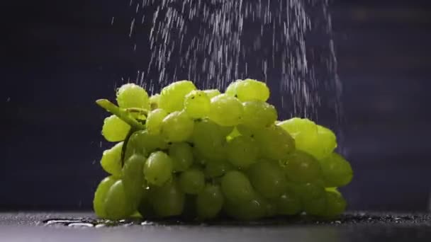 雨の中、熟れた緑のブドウの束が黒いスタジオの背景に回転します。滴と水のスプラッシュでブドウのジューシーな甘い果実は、閉じます。秋の収穫果実スクリーンセーバー。スローモーション. — ストック動画