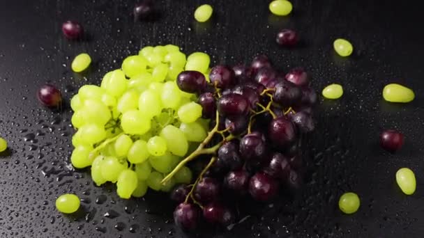 Trossen groene en blauwe druiven liggen onder regen op het natte tafeloppervlak. Bovenaanzicht close-up van rijpe druivenbessen draaiend in slow motion. Natte bessen van sappige druiven. Herfst oogst van zoete vruchten. — Stockvideo