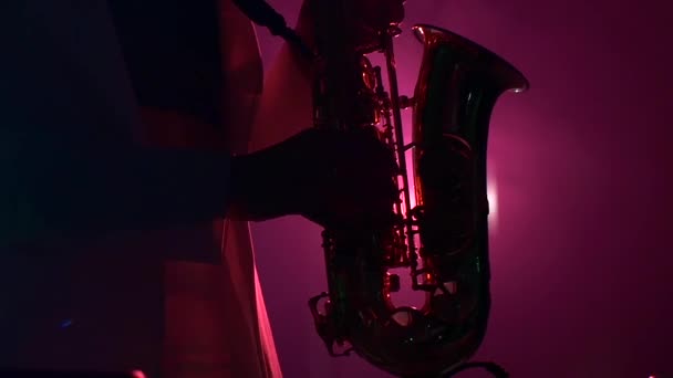 Жінка грає музику за допомогою саксофона — стокове відео