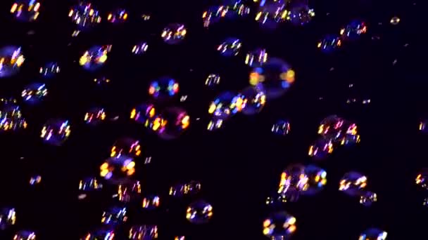 Blue, red, violet and orange soap bubbles on black, background, close up — Stock Video