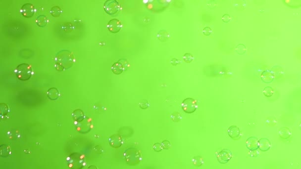Голубые и прозрачные мыльные пузыри на мутно-зеленом фоне, замедленное движение — стоковое видео