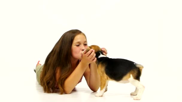 Meisje zoenen hond op Studio. Slow Motion — Stockvideo