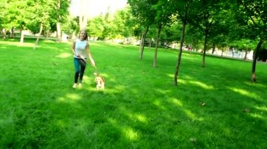 Mutlu genç kadın onu beagle köpek ile koşu. Yavaş çekim