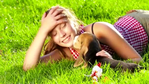 Chica jugando con su perro beagle en el parque. Movimiento lento — Vídeos de Stock