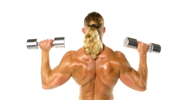 Man maakt oefeningen dumbbells. Sport, kracht, dumbbells, spanning, oefening. Artikel over fitness en sport. Gym en fitness concept-bodybuilder en halter over Wit. — Stockvideo