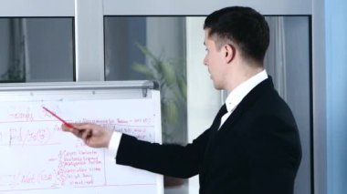 Bir kravat flipchart işadamı bazı konu hakkında açıklar.