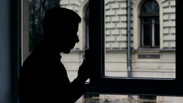 Uomo d'affari in piedi alla finestra, parlando al telefono discutendo dettagli importanti. Silhouette — Video Stock