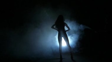 karanlık arka plan üzerinde izole siluet stüdyoda bir seksi kadın striptizci showgirl. Yavaş çekim.
