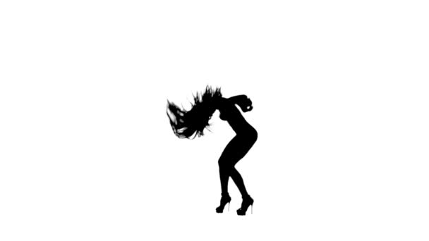 Tanzende Gogo-Mädchensilhouette auf weißem Hintergrund. Zeitlupe.