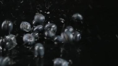 Yaban mersini su siyah bir arka plan ile masaya düşüyor. Yavaş çekim