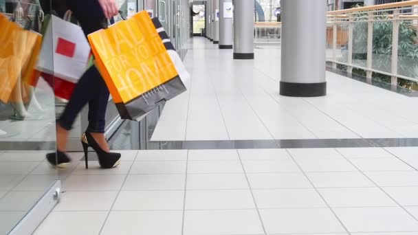 Dos hermosas chicas con bolsas de compras salen de la tienda en el centro comercial. Movimiento lento . — Vídeo de stock