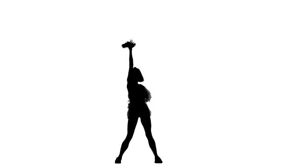 Mooi meisje cheerleader dansen op een witte achtergrond met pompoms, Silhoutte — Stockvideo