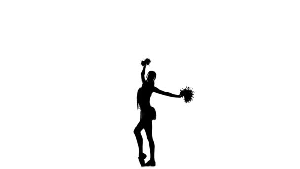 Cheerleader. Isolato su sfondo bianco. Silhoutte, slow motion, pom-pom in mano . — Video Stock