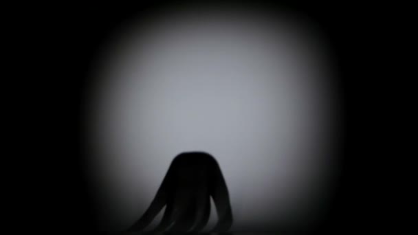 Ciekawy pogarsza porusza się w cieniu tancerki dziewczyna na czarnym tle, światło punktowe — Wideo stockowe