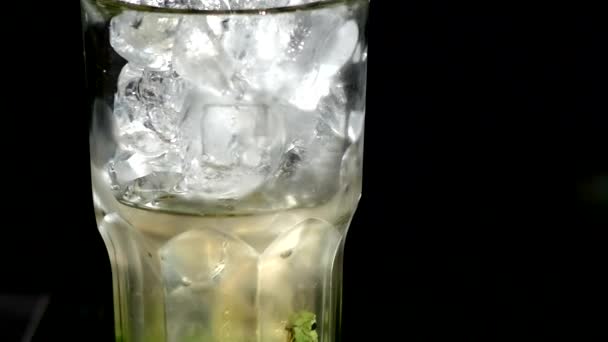 A cube of ice falling into a glass of water. close up. slow motion — Stock Video