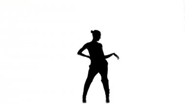 Young social latina dancer woman go on dancing, on white, silhouette
