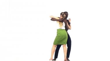 Young social latina dancer continue dancing, on white, slow motion
