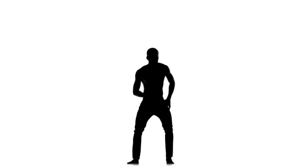 Afro american man with naked torso continue dancing social latina dance on white, silhouette — Stock Video
