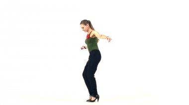 Young social latina dancer continue dancing, on white, slow motion
