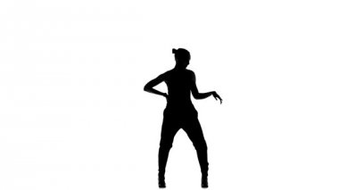 Young social latin dancer girl enjoy moving dancing, on white, slow motion, silhouette