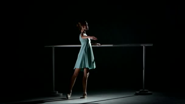 Pequeña bailarina en la sala de ballet en la barra de ballet — Vídeos de Stock