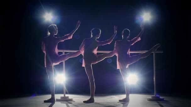 Três meninas de ballet posando no ballet barre em preto. câmara lenta — Vídeo de Stock