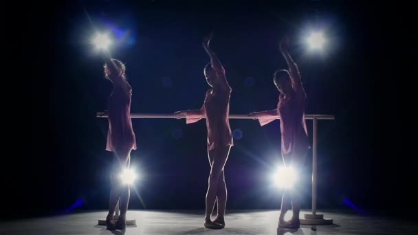 Raparigas de ballet com sapatos pontiagudos no ballet barre. câmara lenta — Vídeo de Stock