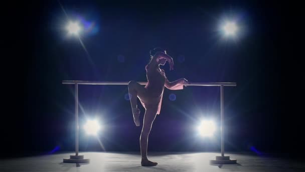 Kleine ballerina danser in de buurt van de barre. Rook. Slow Motion — Stockvideo