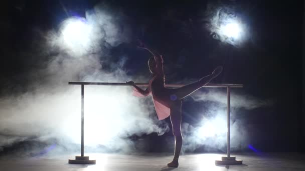 Hermosa bailarina que hace estirar las piernas cerca de la barra. humo — Vídeos de Stock