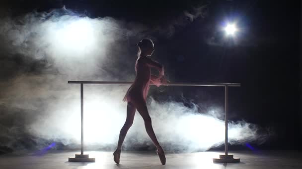 Bailarina que hace estirar las piernas cerca de la barra. humo — Vídeo de stock