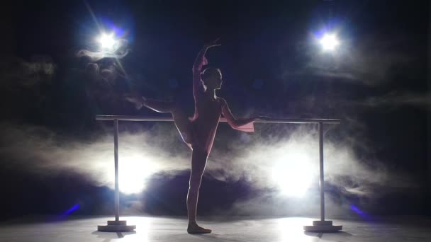 Bailarina pequeña cerca de la barra. humo — Vídeos de Stock