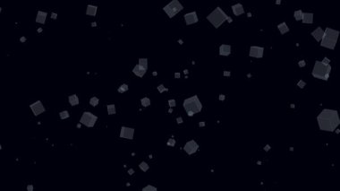 Karanlık bir arkaplan üzerinde yüzen çoklu şeffaf küplerin soyut canlandırma resmi, geometrik bir temayı gösterir.